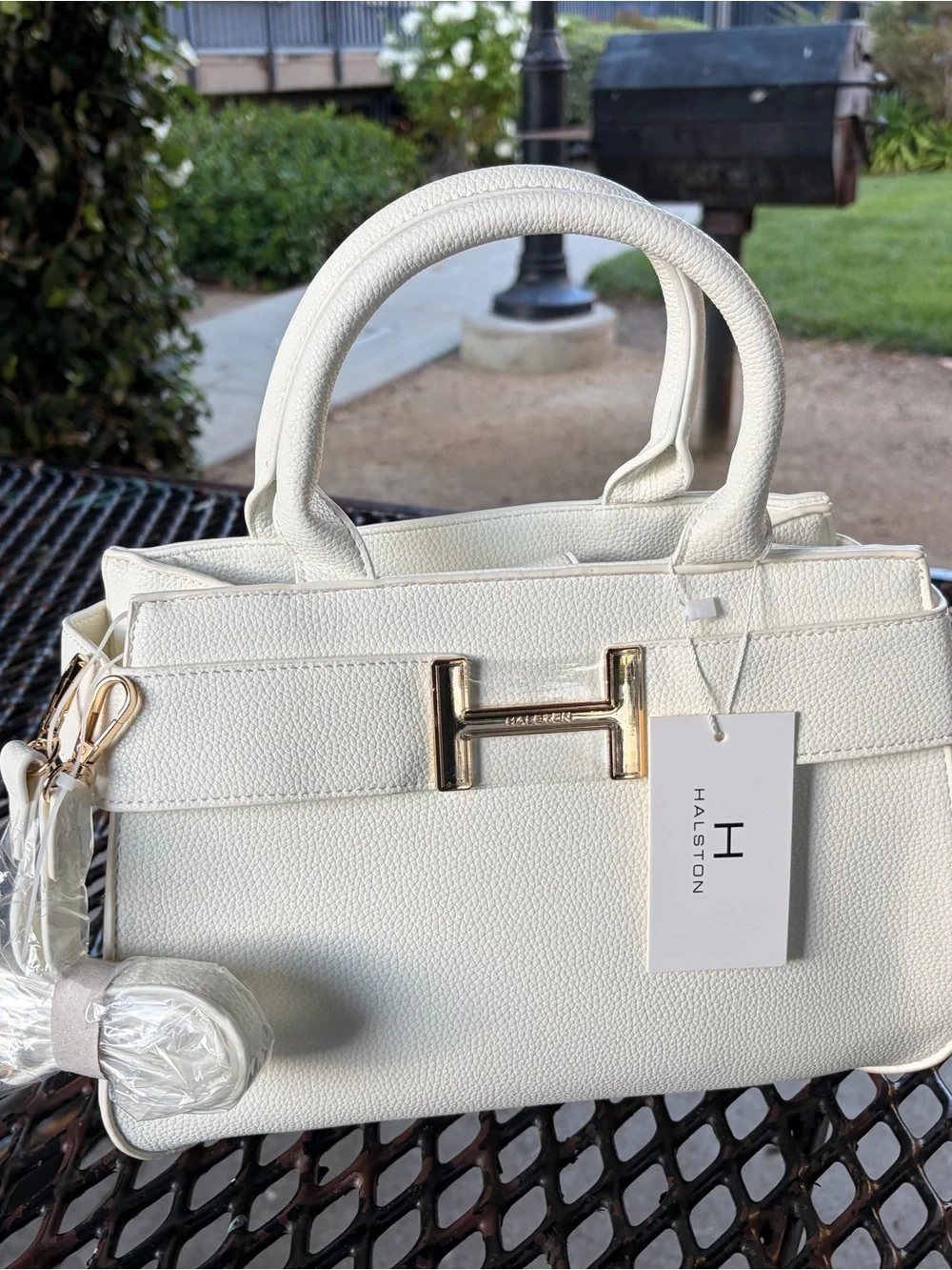 Halston Heritage White Pebbled Leather Satchel with Gold H Accent